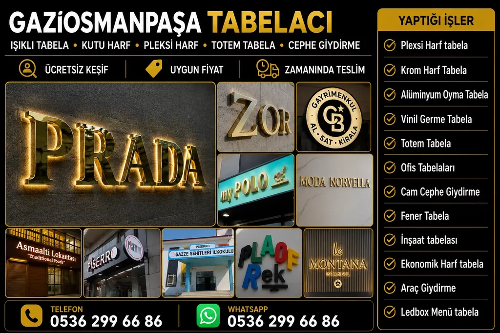 Gaziosmanpaşa Kule Vinç Tabela, kutu harf tabela ve reklam tabela hizmetleri